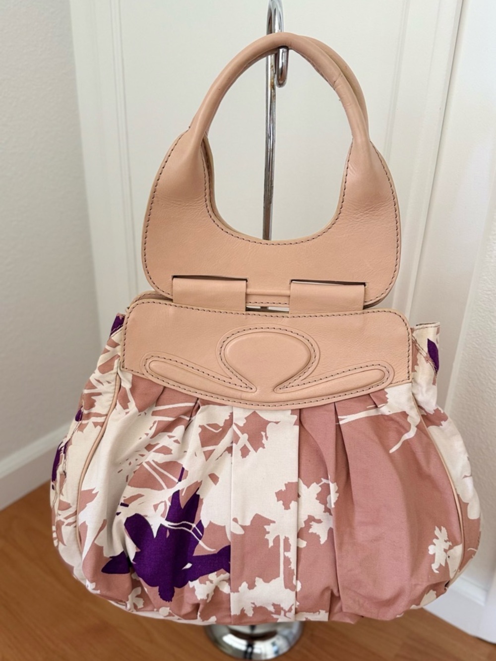 Pleated Floral Shoulder Bag in Blush and Purple